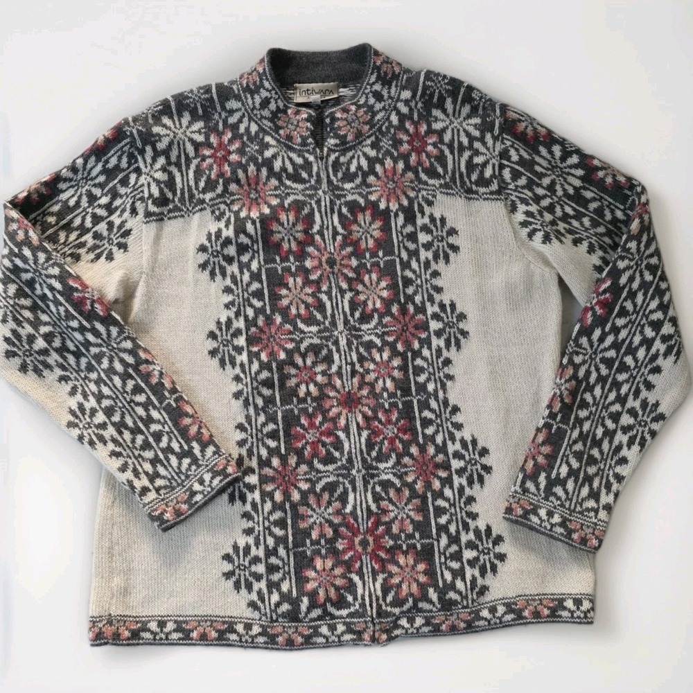 Vintage Intiwara Women's 100% Alpaca Cardigan Nordic XL Full Zip